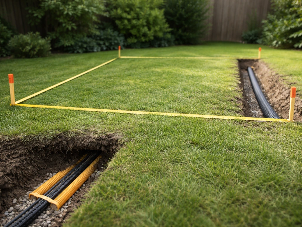 Korte gemaaid gras in een tuin met afsteeklijnen van meetlint en zichtbare kabel- en drainagevoorzorgen in de grond.