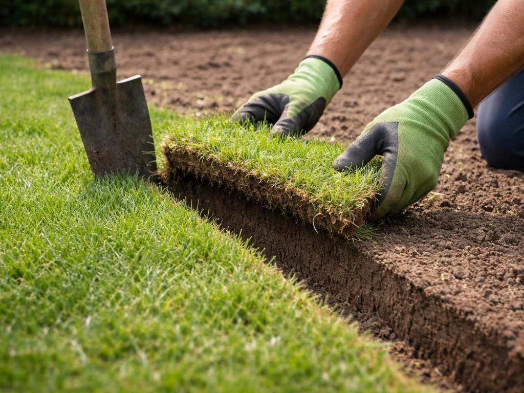 Handmatig afsteken van graszoden: verticale snede aan de rand en een strook op 6–8 cm opgelicht.