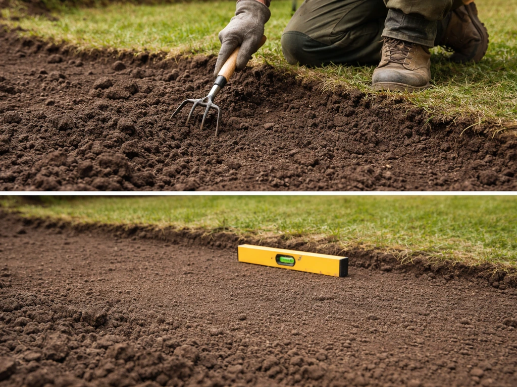 Knielende tuinier die blootgelegde grond losmaakt en met een waterpas vlak maakt na het verwijderen van gras.