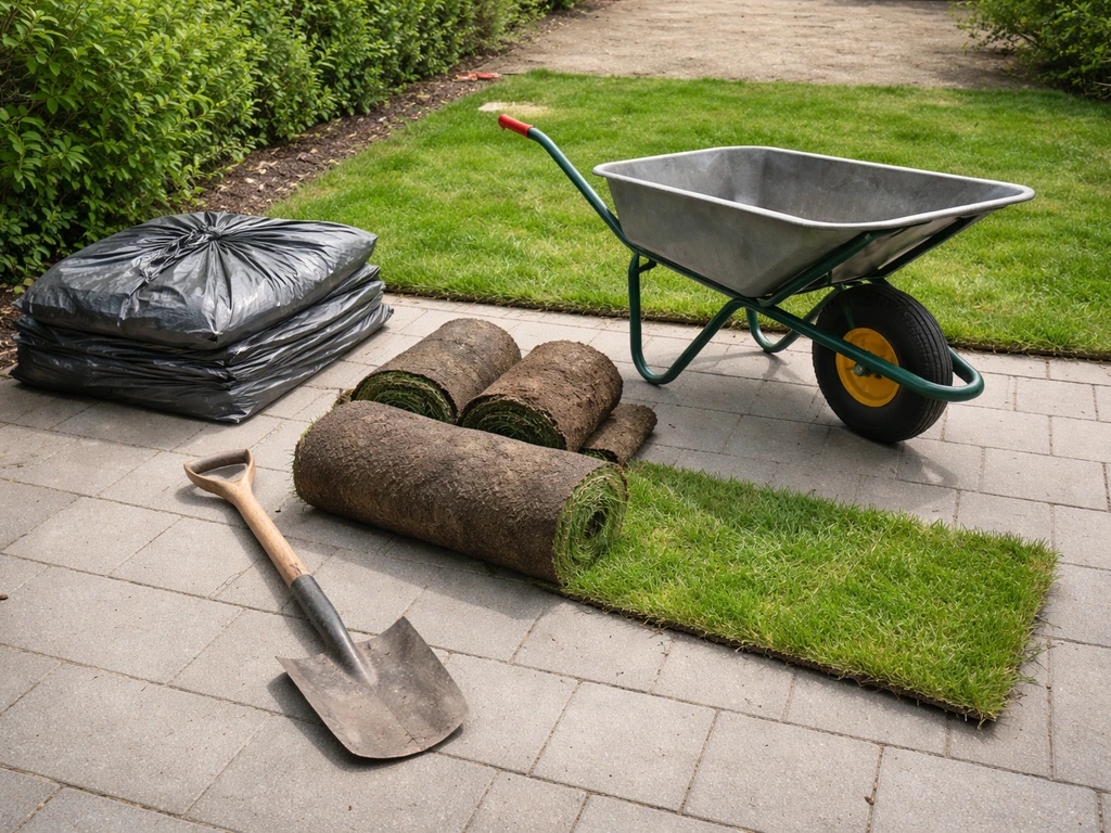 Gereedschap voor tuinwerk en afvoer, met rolmat/graszoden op een rustige oprit in natuurlijk licht.