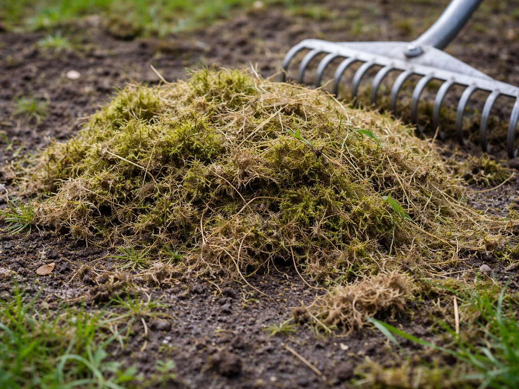 Close-up van losgekomen vilt en mos op de grond terwijl het wordt weggehaald met een hark