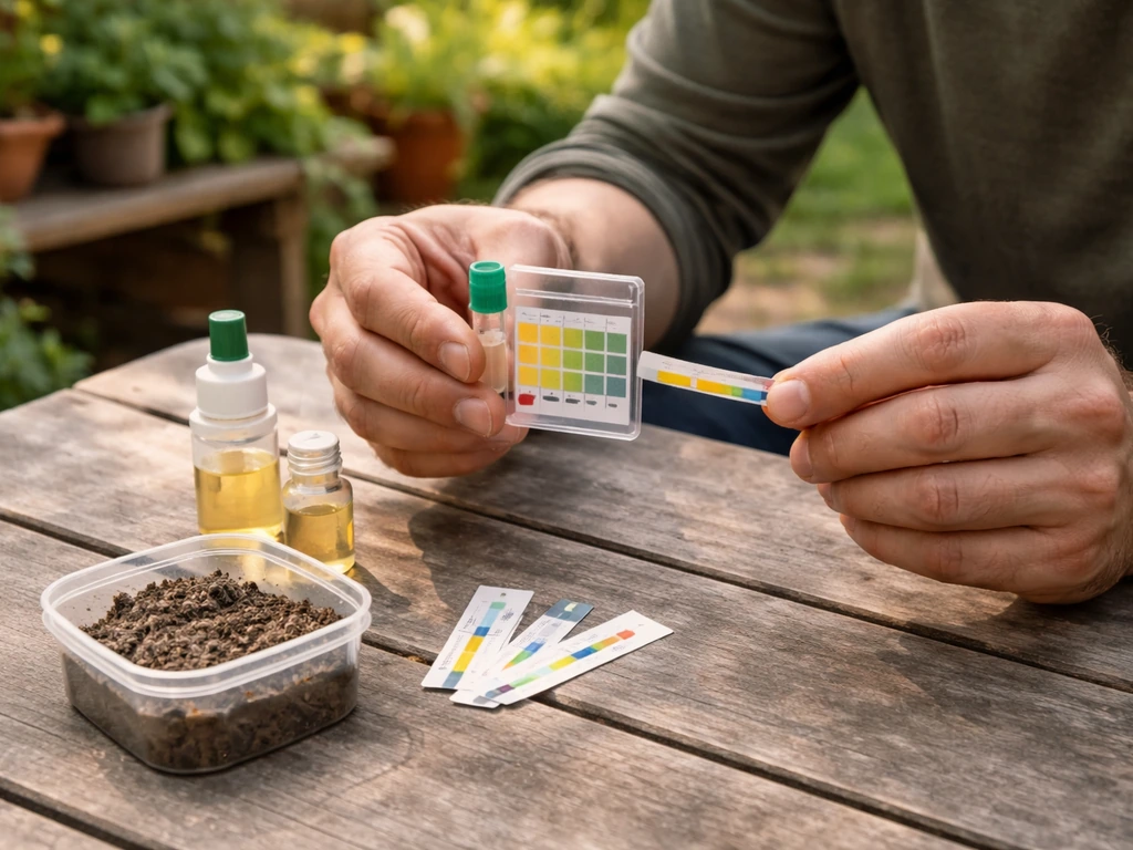 Handen boven een tuintafel met pH-testkit en bodemmonster, kleurverandering voorbodemmeting.