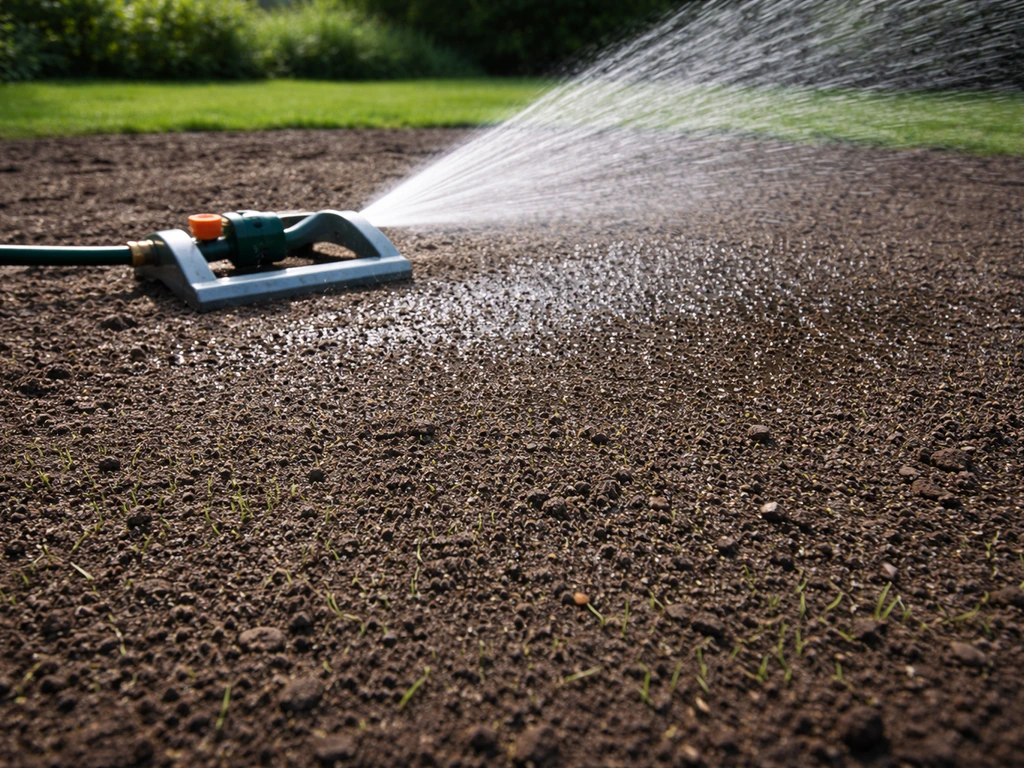 Sproeier maakt de pas ingezaaide gras-toplaag gelijkmatig nat in een rustige tuin.
