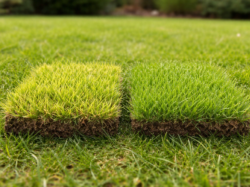 Close-up van twee tinten gras (lichtgeelgroen vs lichtgroen) die voedingstekort suggereren.