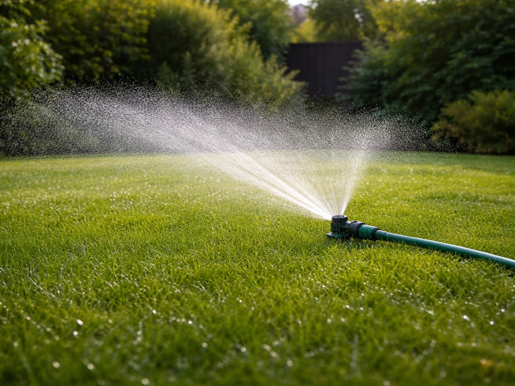 Tuin met rollende beregening van een slang op het gras, gelijkmatig vochtig voor minder stress