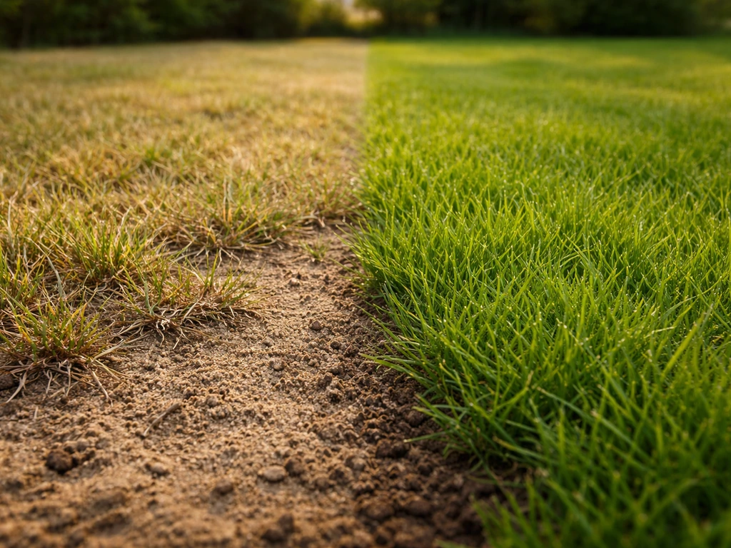 Close-up van twee stukjes gras naast elkaar: droog zandgrond links en vochtig leem/klei rechts, met grondig verschil.