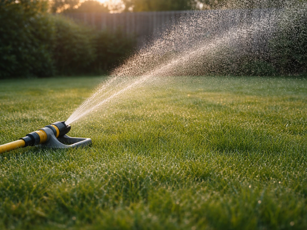 Vroeg in de ochtend: dauw op het gras en een fijne sproeistraal die net na zonsopkomst het gazon bereikt.