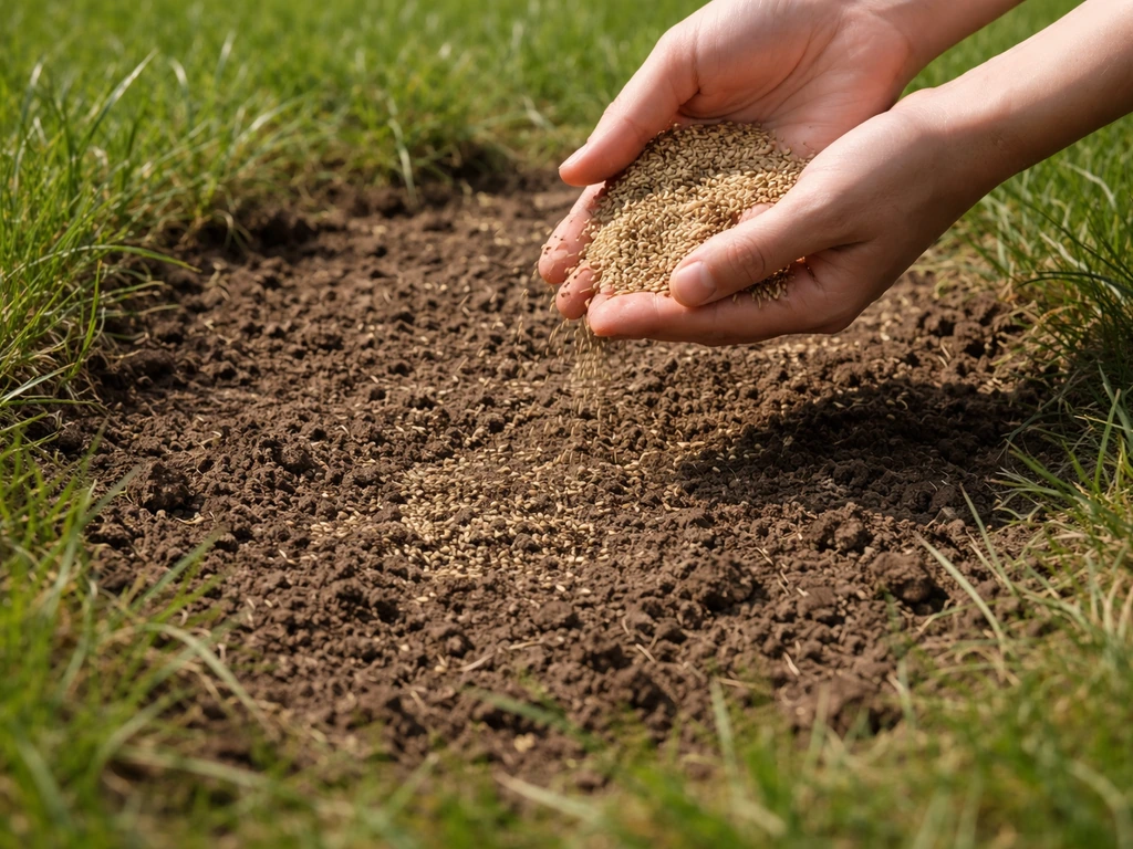 Hand strooit graszaad op een opengekrabde, losse bodem in een droogteplek met rijpe grondresten verwijderd.