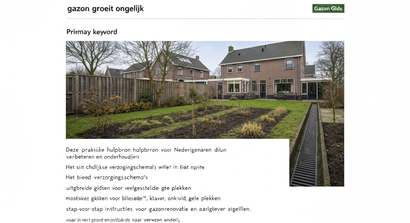 Overzichtsfoto van een Nederlandse achtertuin met een gazon dat ongelijk groeit: groene plekken, kale plekken, mos en een kleine drainagegreppel; bakstenen huis en houten schutting op de achtergrond.