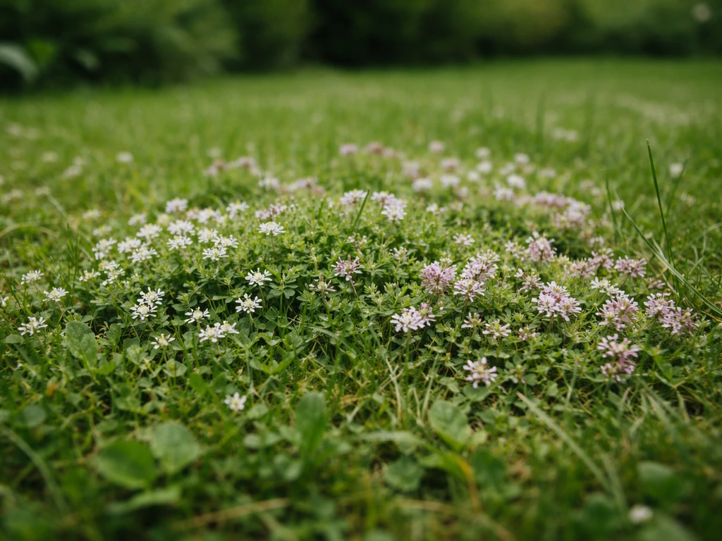 Laag bloeiende bloemen tussen het gras op een gazon, als praktisch voorbeeld van het verschil.