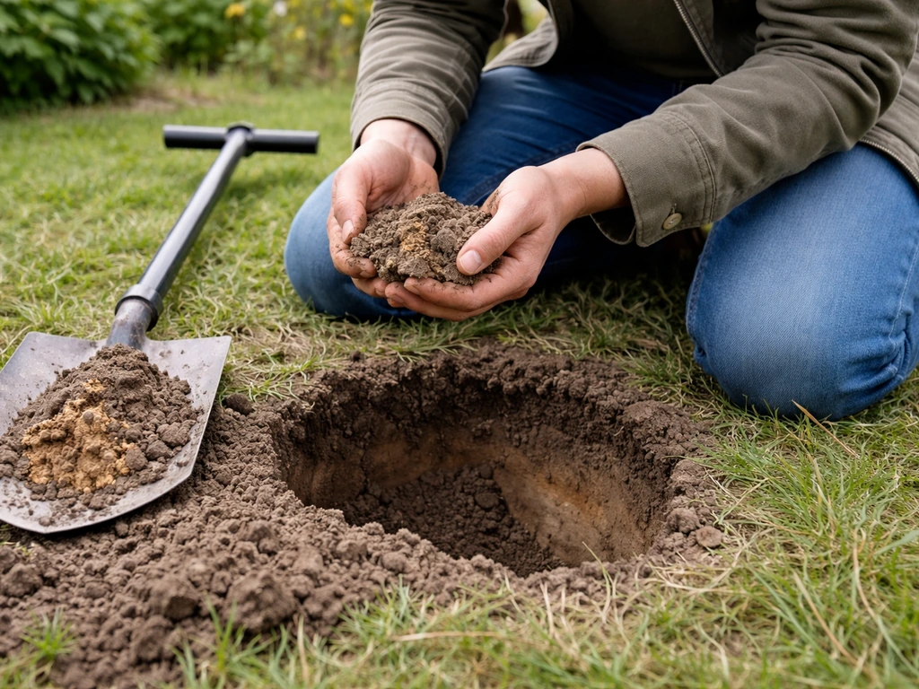 Tuinder in een tuin die met schep en grondboor een bodemmonster neemt en zand/klei zichtbaar maakt.