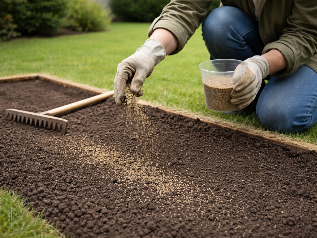 Iemand in tuinhandschoenen strooit graszaad uit op een egaliserend zaaibed met een hark in de tuin.