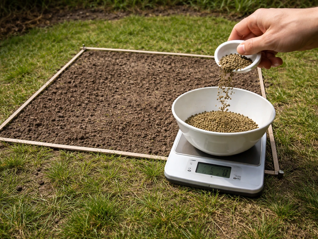 Hand weegt mestkorrels boven een schaal, met een uitgezet 1 m² referentie op de grond in een tuin.