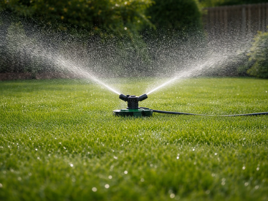 Tuinsproeier die direct na het bemesten een fijne waternevel over het gazon laat vallen bij ochtendlicht.