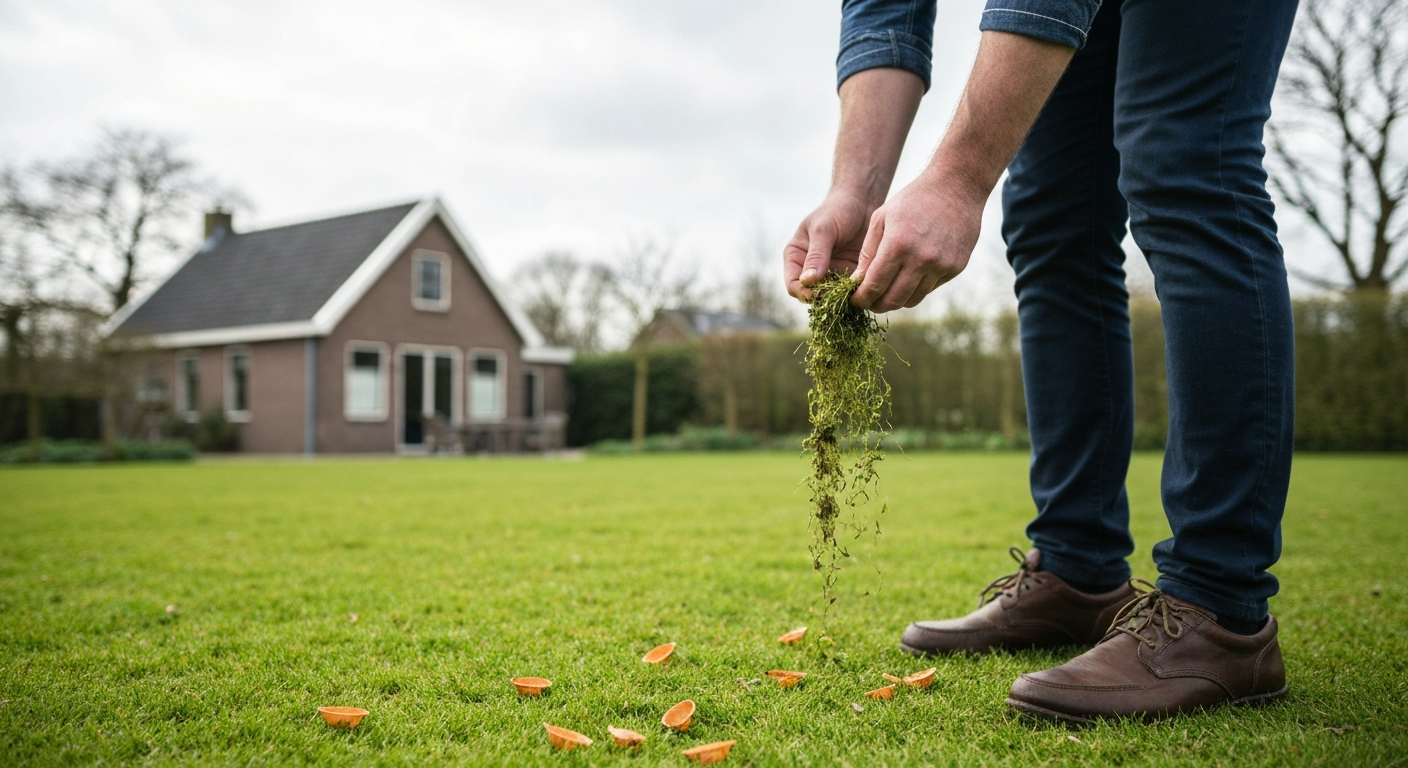 Pers strooit koemestkorrels op een groen gazon in een Nederlandse tuin.