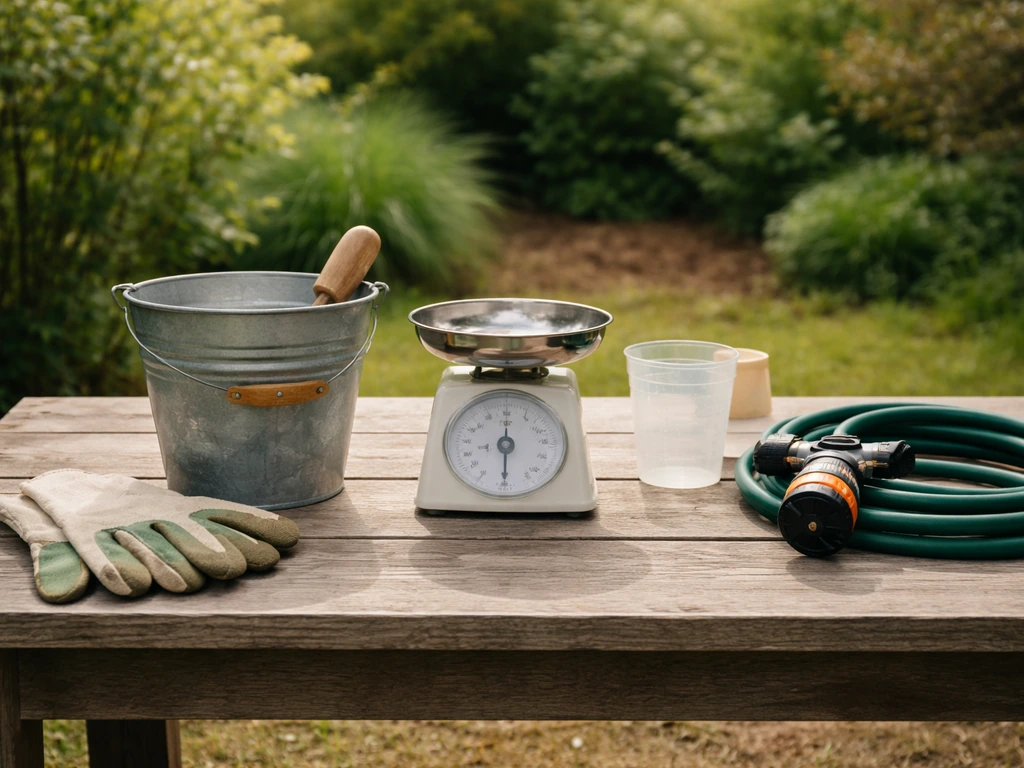 Tuinhandschoenen, emmer/schepje, keukenweegschaal, maatbeker en tuinslang met sproeier op een tuintafel.