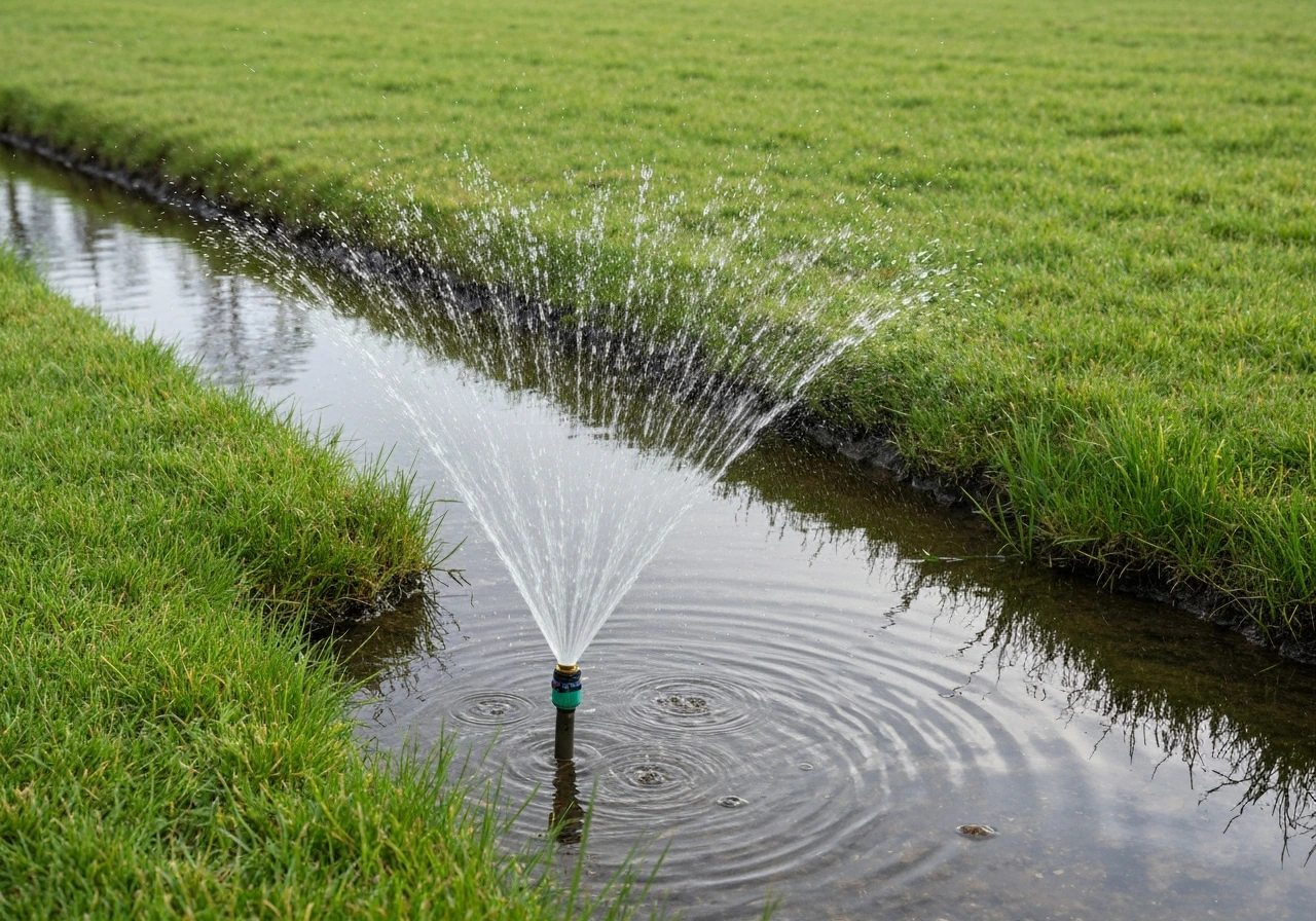 Ongelijke watergift: een sproeier laat natte plassen achter terwijl omliggend gras relatief droog blijft.