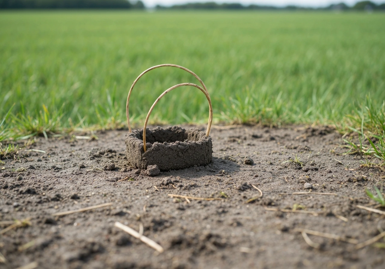 Close-up van een kale plek in het gazon met losgeharkt oppervlak, graszaad en afgedekte toplaag.