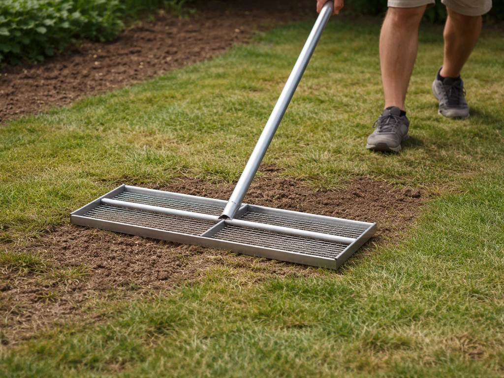 Een gazon leveler wordt over het gras getrokken om oneffenheden te egaliseren.