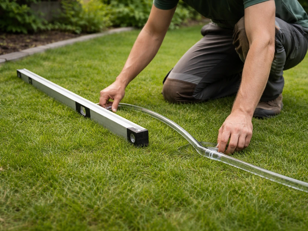 Tuinier met waterpaslat en slang-waterpas meet oneffenheden op een gazon
