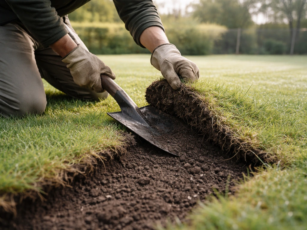Anonieme tuinier tilt oude graszoden los op licht vochtige grond, zachte ochtenddauw in een rustige tuin.