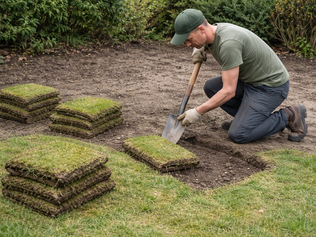 Tuinier steekt oud gazon uit in stukken en stapelt de zoden voor afvoer