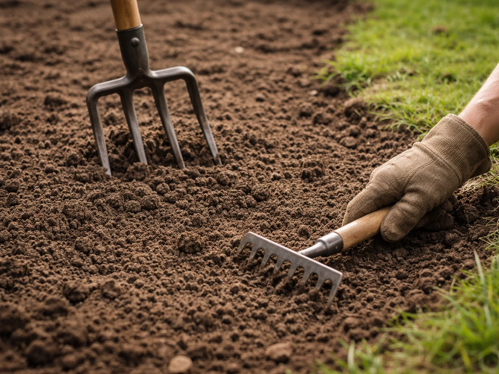Close-up van beluchte tuinbodem met grondvork en egaliserende hark voor nieuw gras