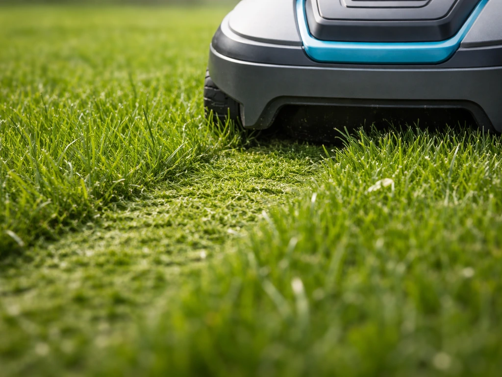 Detail van een robotmaaier op kort gazon met vers maaispoor en grassprieten.