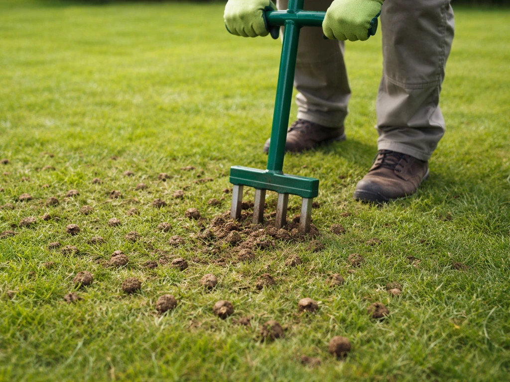 Belucht gazon met zichtbare prikgaten en opgewoelde grond, gereedschap in werking, gezicht niet zichtbaar.