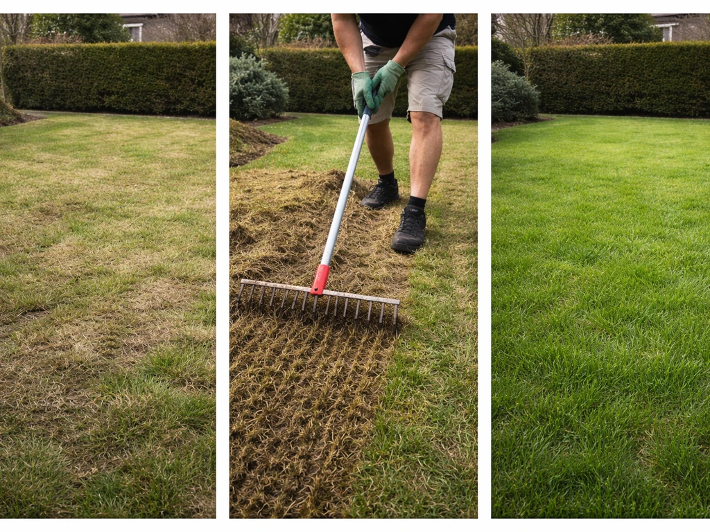 Montage van een gazon: voor verticuteren, tijdens met verticuteerhark, en na doorzaaien in Nederlands lenteweer.