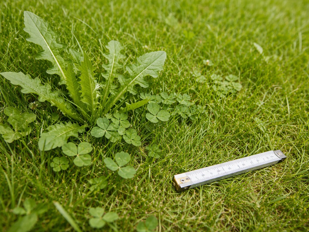 Close-up van groen gazon met breedbladige onkruiden en een klein meetinstrument om het oppervlak te bepalen.
