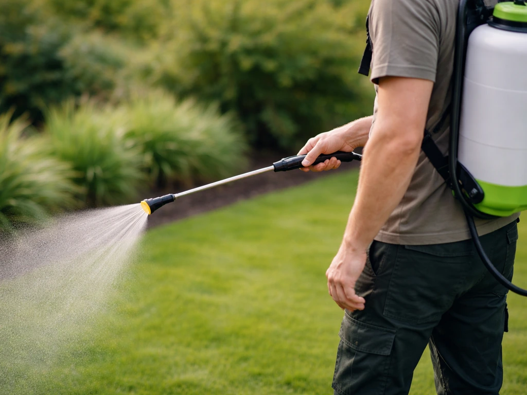 Zijaanzicht van een rugspuit die gelijkmatig een vlak sproeipatroon uitspuit in een rustige tuin