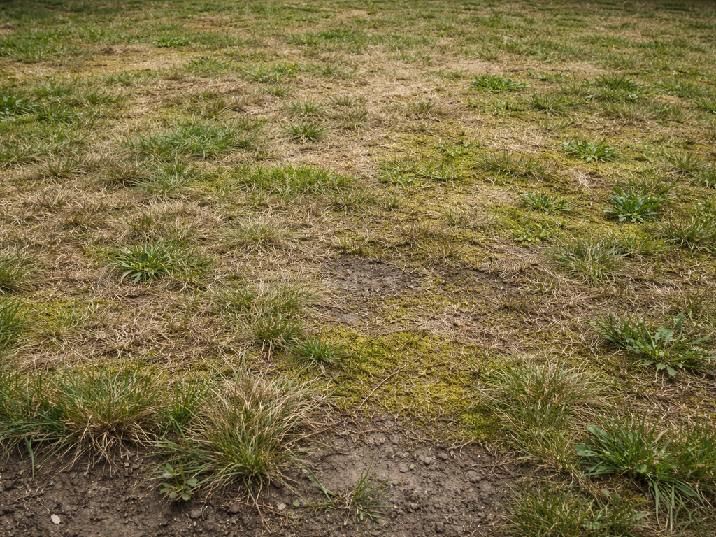 Versleten gazon met veel mos, kale plekken en onkruid in een Nederlandse tuin.