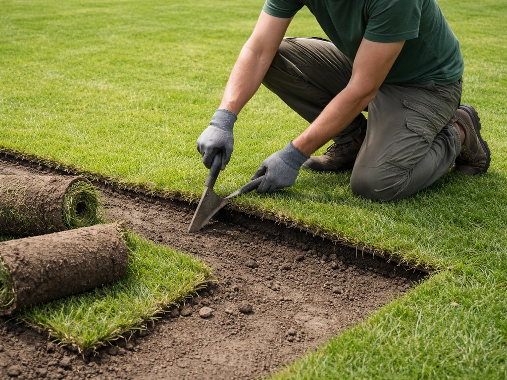 Tuinwerker tilt graszoden op met zodensnijder, kale grond zichtbaar na verwijderen van oud gazon