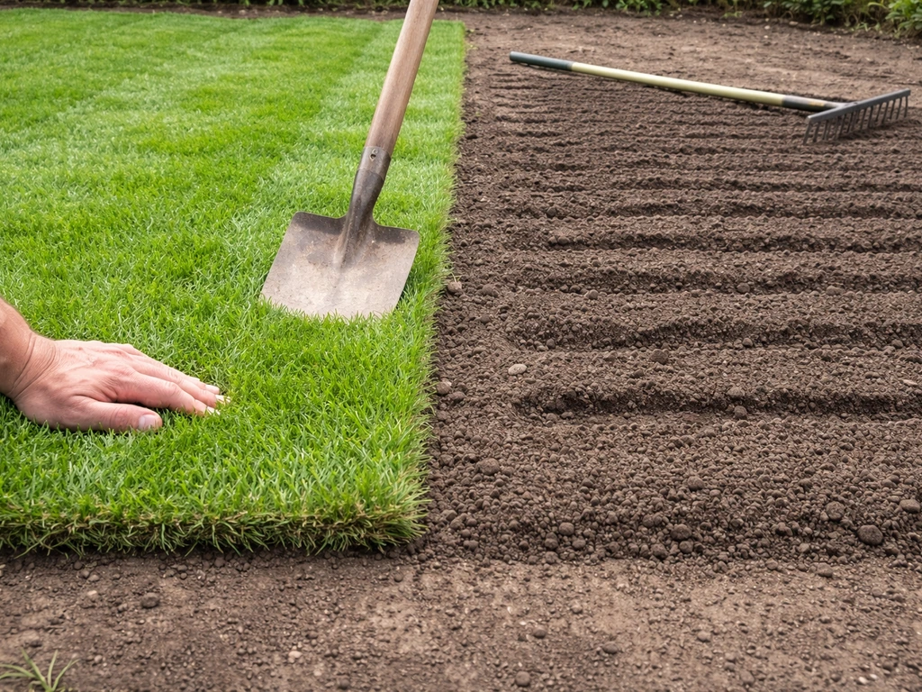 Twee stroken tuin: links rolzoden direct gelegd, rechts zaaibed klaar om in te zaaien.