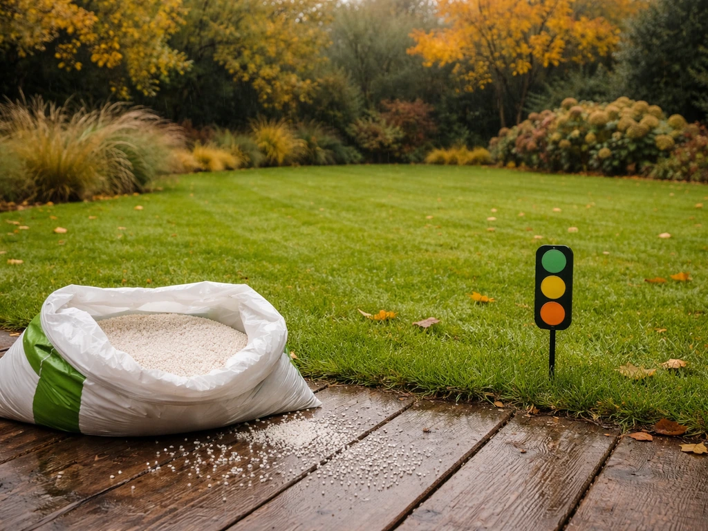 Natuurgetrouw gazon in najaar met open zak kalk en licht regenachtig weer in de tuin