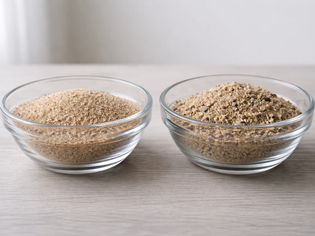 Twee glazen bakjes met rond rivierzand/duinzand en scherp metsel-/voegzand, korrelvormen zichtbaar en los vs. compacter.