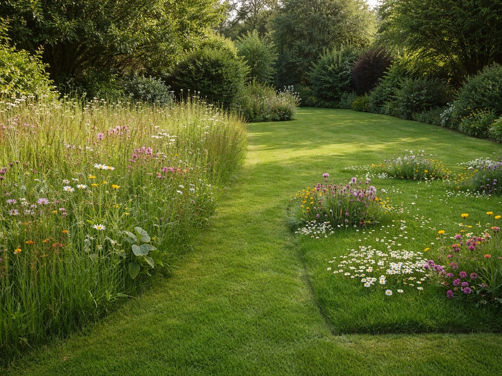 Twee naast elkaar liggende stukken tuin: bloemrijke weide vs gazon met bloemen, met duidelijke maairand en bloemzones.