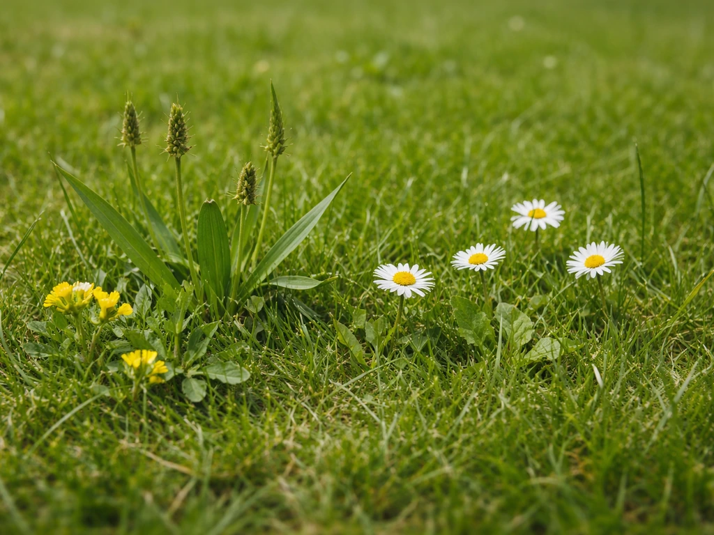 Madeliefjes, smalle weegbree en rolklaver tussen een gemaaide grasmat in een rustige tuin