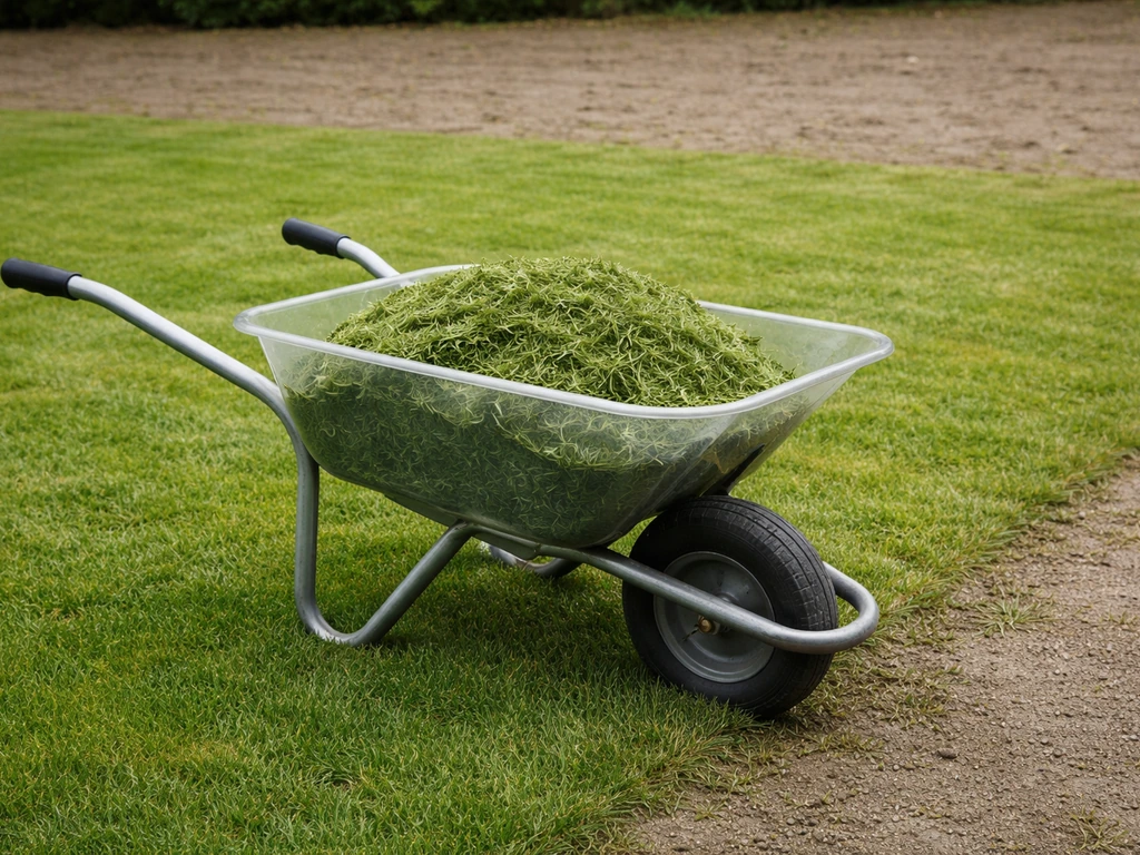 Kruiwagen met vers maaisel naast een gemaaid gazon, klaar om af te voeren voor bodemverschraling.