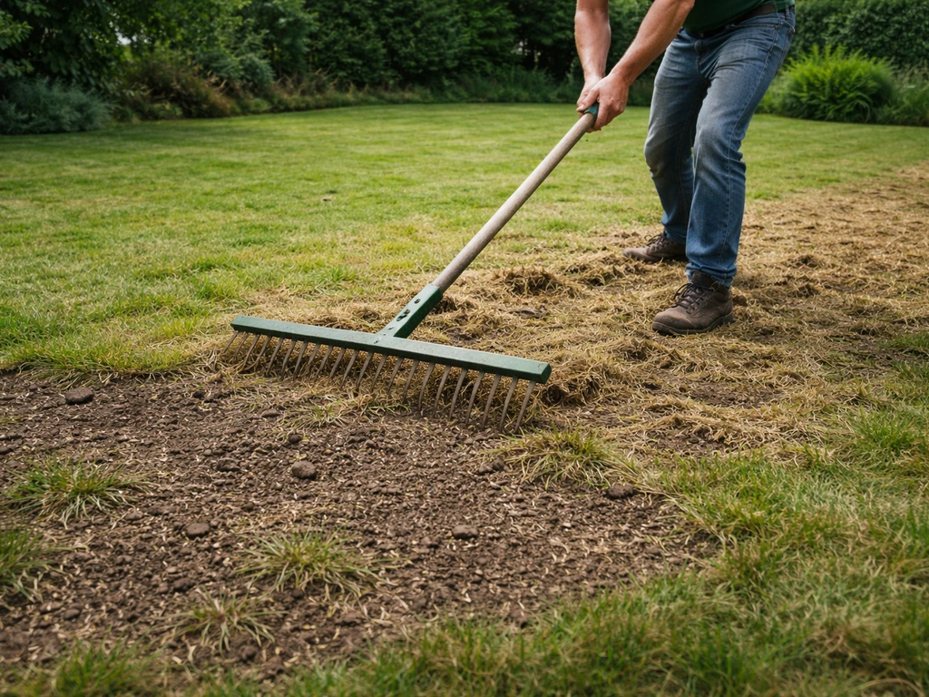 Tuinier verticuteren van een bestaand gazon, waarna de grond openligt met zichtbaar zaadbed voor doorzaaien.