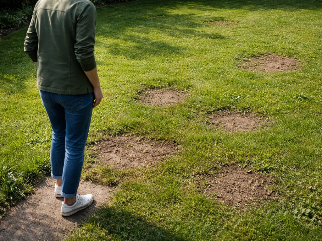 Persoon loopt door het gazon en inspecteert kale plekken om de oorzaak te achterhalen.