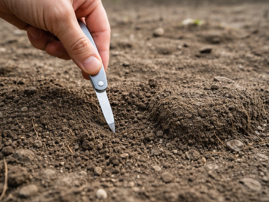 Hand met mesprik in de grond om te tonen hoe los of verdicht de bodem is