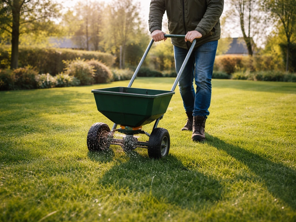 Tuinier met strooier die mestkorrels gelijkmatig over groen gazon verspreidt in de lente.