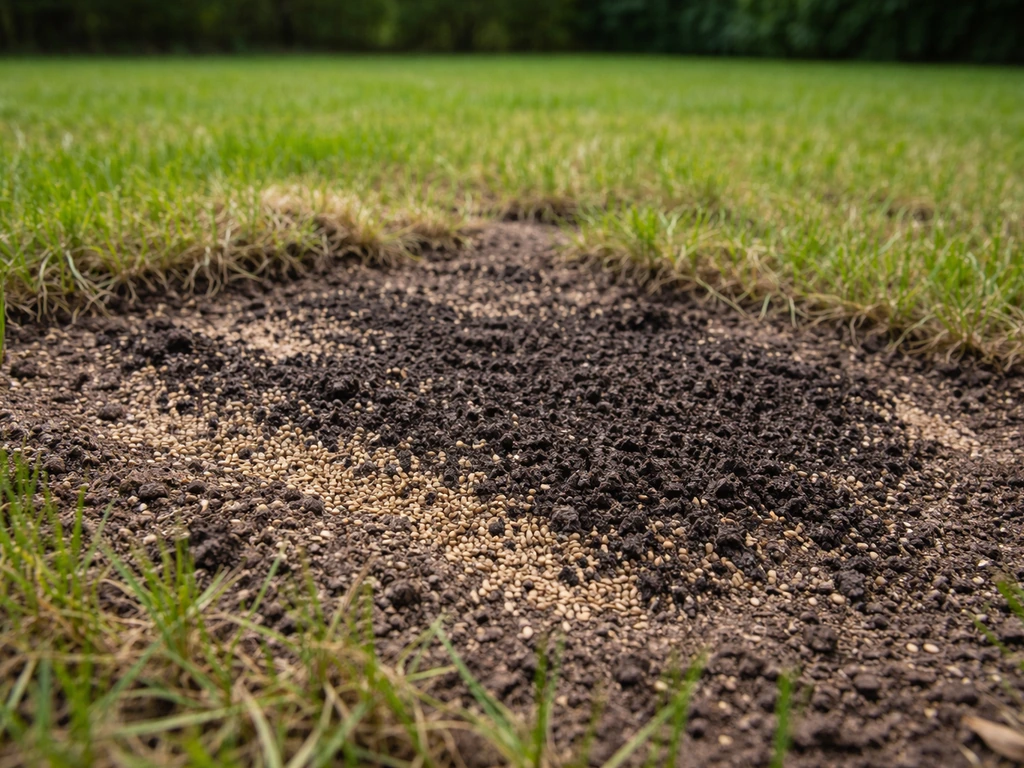 Doorzaaien van een gazon: beluchte bodem en nieuw graszaad met lichte afdeklaag op één herstelde plek