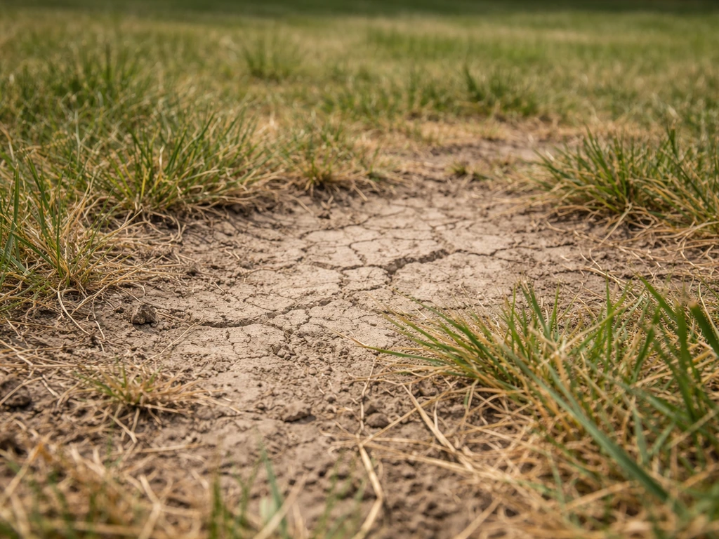 Close-up van kale plekken in het gras met droge, gebarsten grond die verdroging suggereert.