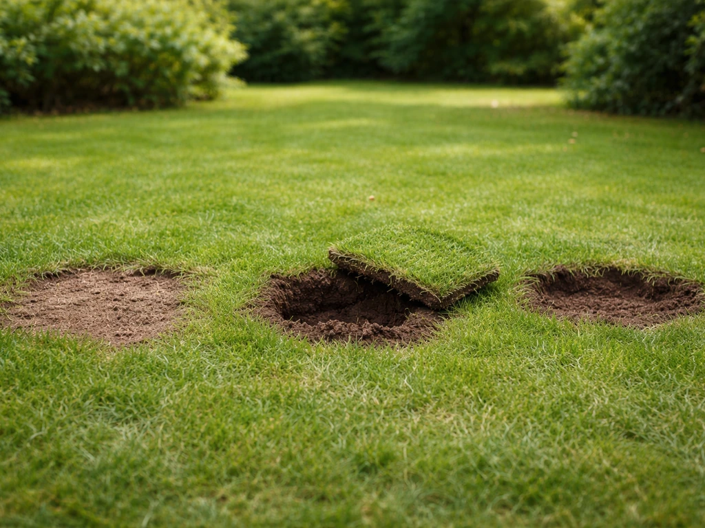 Drie eenvoudige tuinreparatievoorbeelden naast elkaar: kale plek, gat met losse zode en verzakking in het gazon.