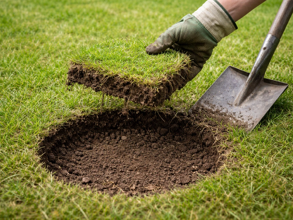Handspade en turfsteker die een beschadigde zode uitsteekt tot op de minerale bodem in een gazon