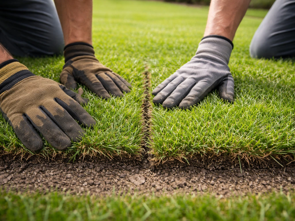 Close-up van graszoden die strak naast elkaar worden gelegd en aangedrukt op een voorbereid tuinperk.