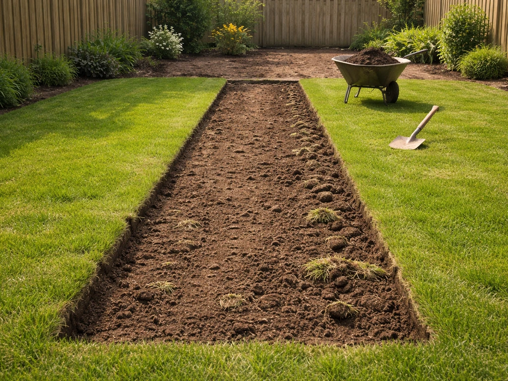 Achtertuin met net verwijderde strook gras, kale grond en voorbereid werk voor nieuwe aanleg.